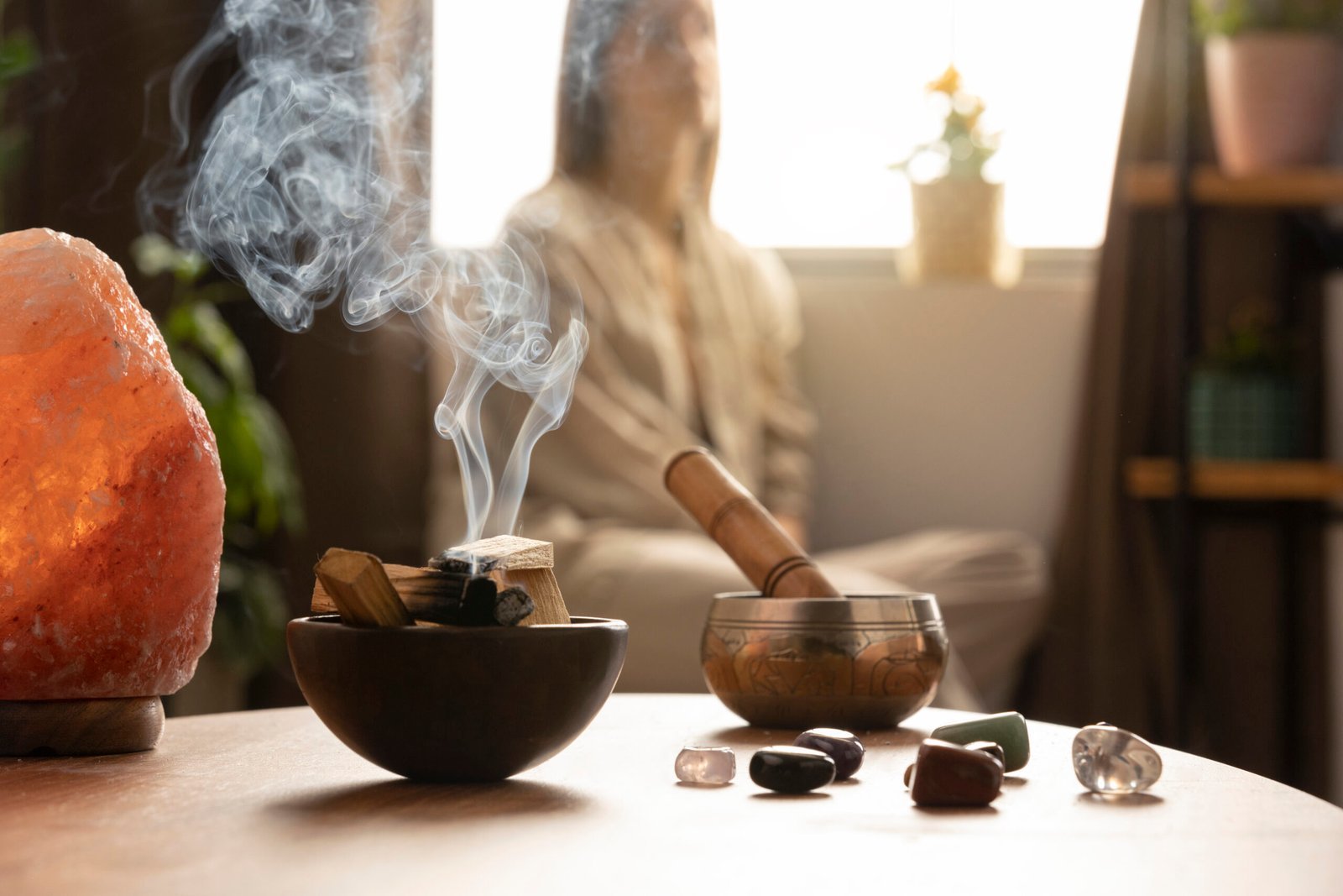 Authentic Ayurvedic healing atmosphere with himalayan salt lamp and herbal bowls